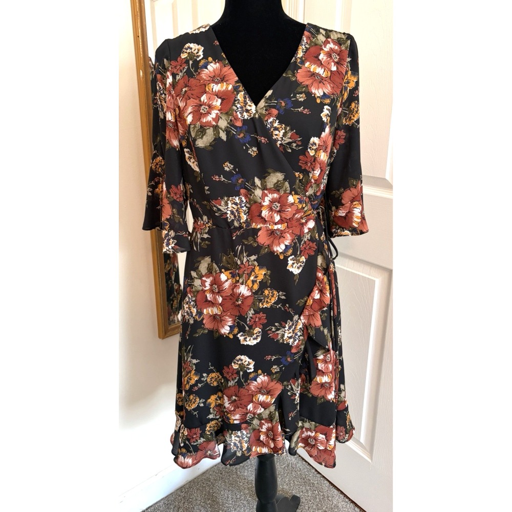 June & Hudson Size 1 Small Dress Black‎ Brown Floral Wrap Romantic Ruffle Ditsy